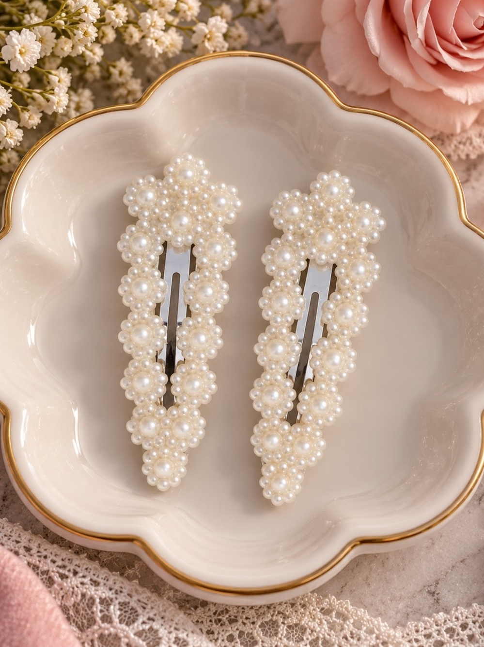 Pearl Floral Clip Set - Ivory Hair Clips NEW